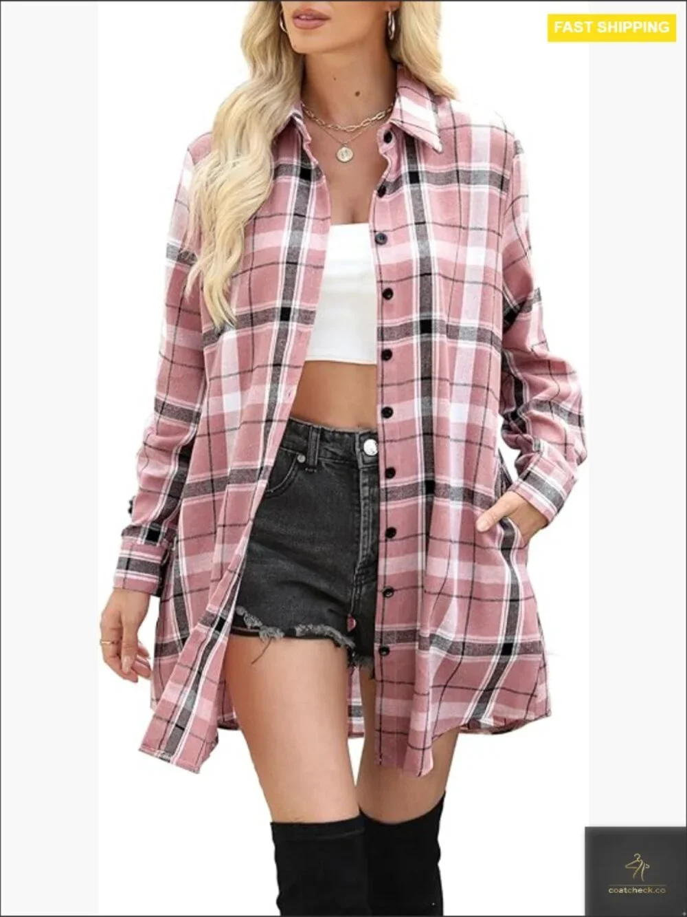 Oversized Flannel Shirt Jacket Button Down Tunic Lightweight Casual Work Tops